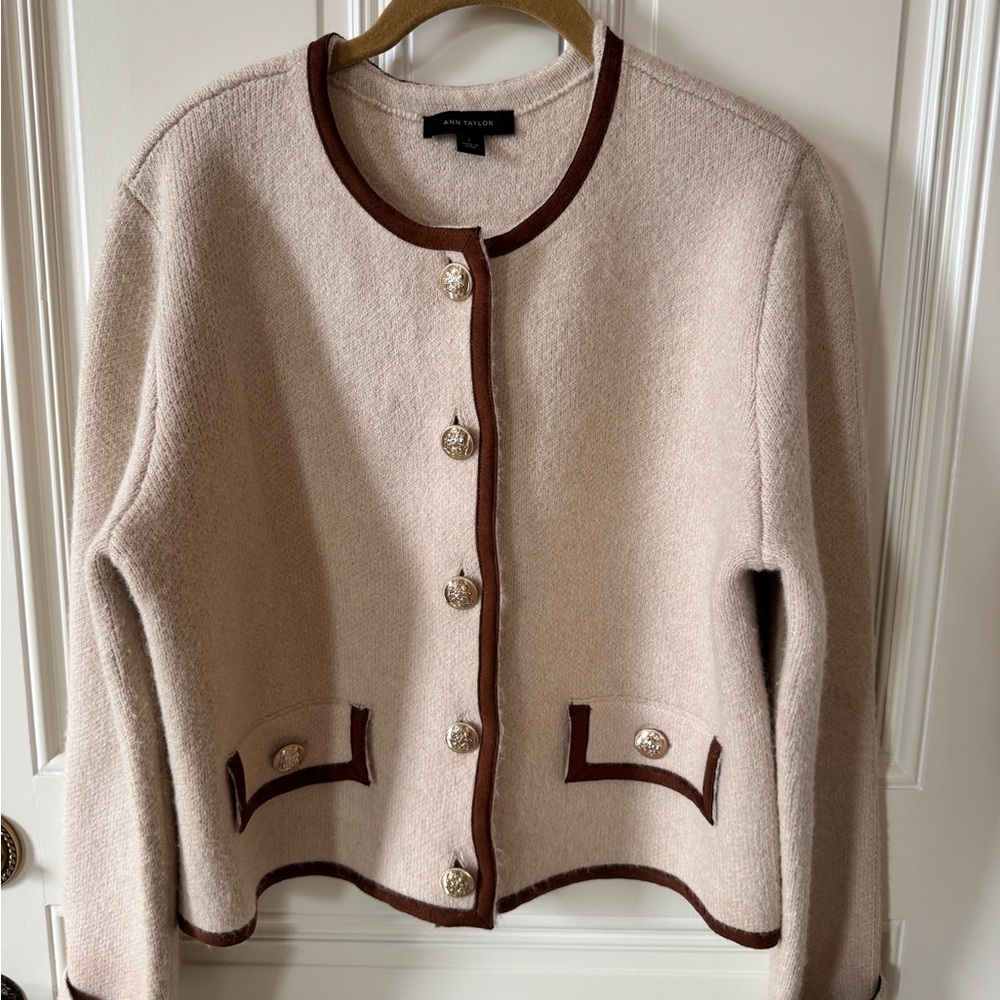 Ann Taylor Beige Cardigan with Brown Trim and Gold Buttons